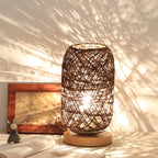Table Lamp Handwoven Rattan Shade Solid Wood Base Integrated LED