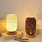 Table Lamp Handwoven Rattan Shade Solid Wood Base Integrated LED