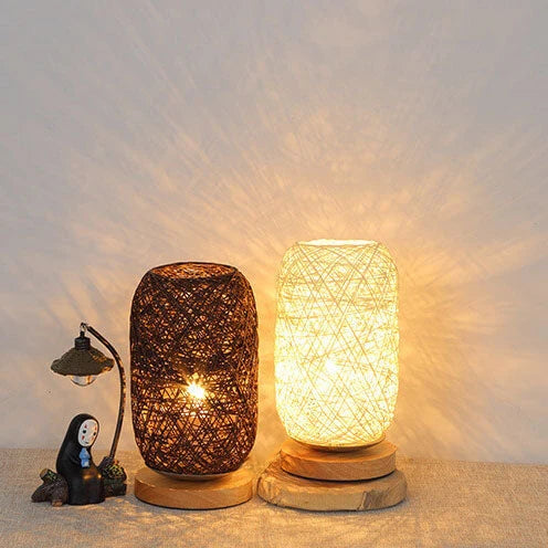 Table Lamp Handwoven Rattan Shade Solid Wood Base Integrated LED