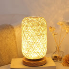 Table Lamp Handwoven Rattan Shade Solid Wood Base Integrated LED