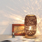Table Lamp Handwoven Rattan Shade Solid Wood Base Integrated LED