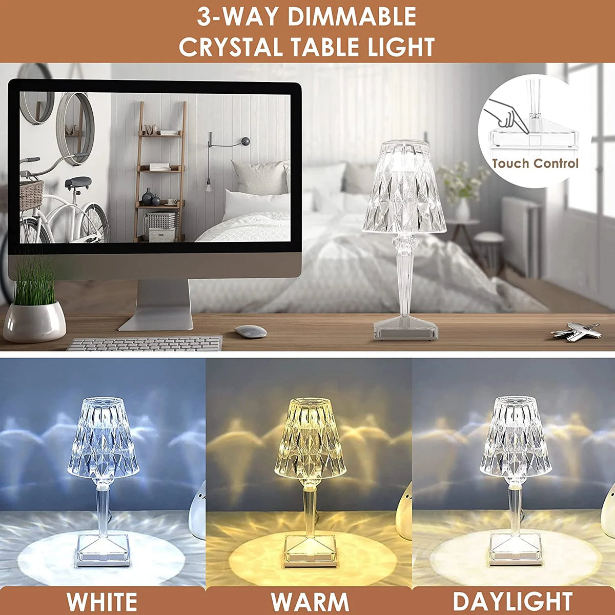 Table Lamp LED Diamond Pattern Acrylic Touch & USB