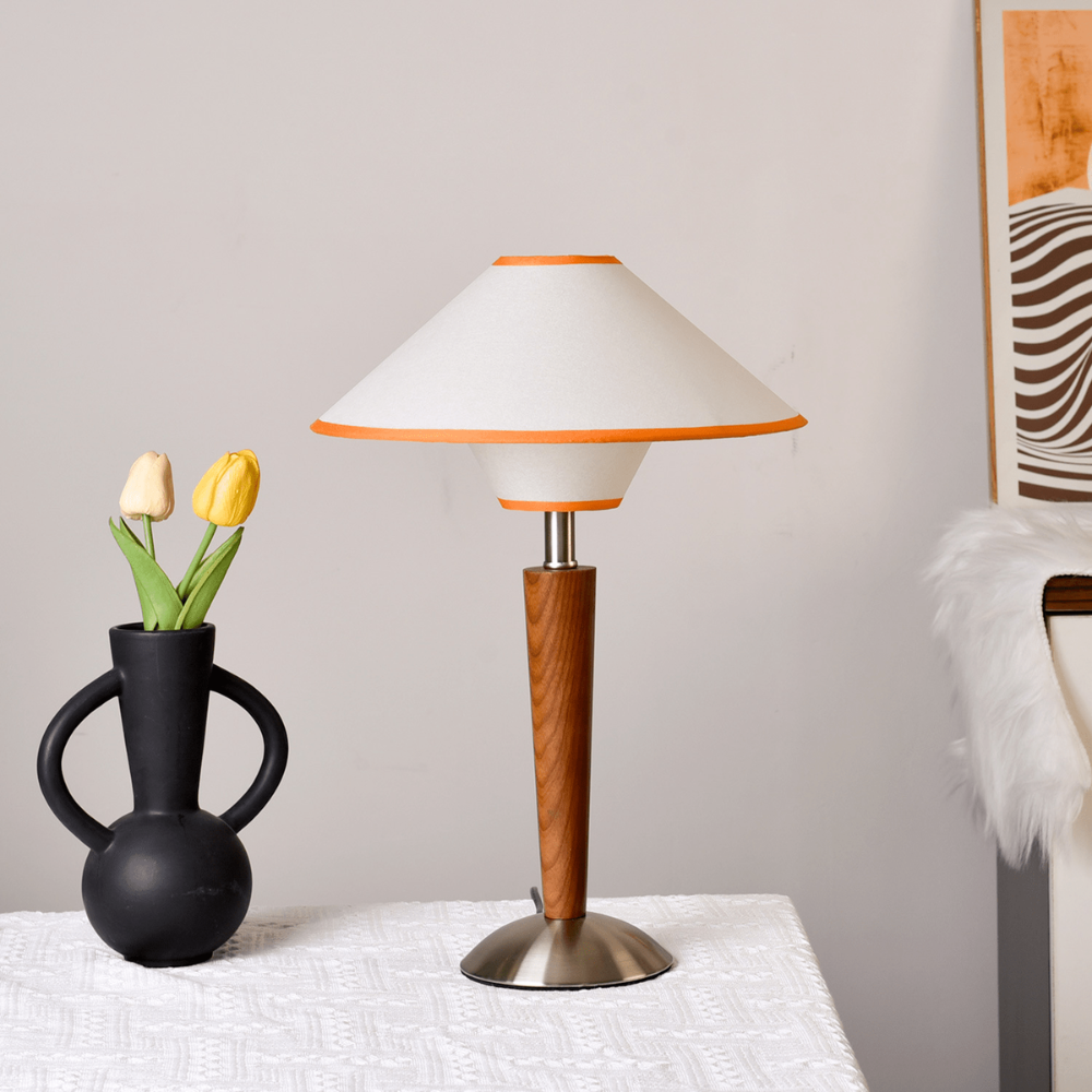 Table Lamp Mid-Century Tapered Wood Base Flared Fabric Shade
