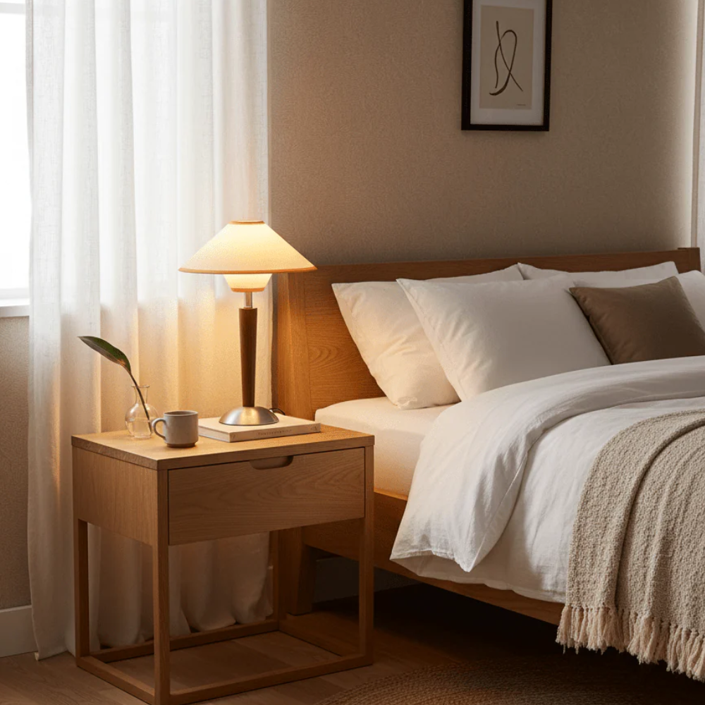 Table Lamp Mid-Century Tapered Wood Base Flared Fabric Shade