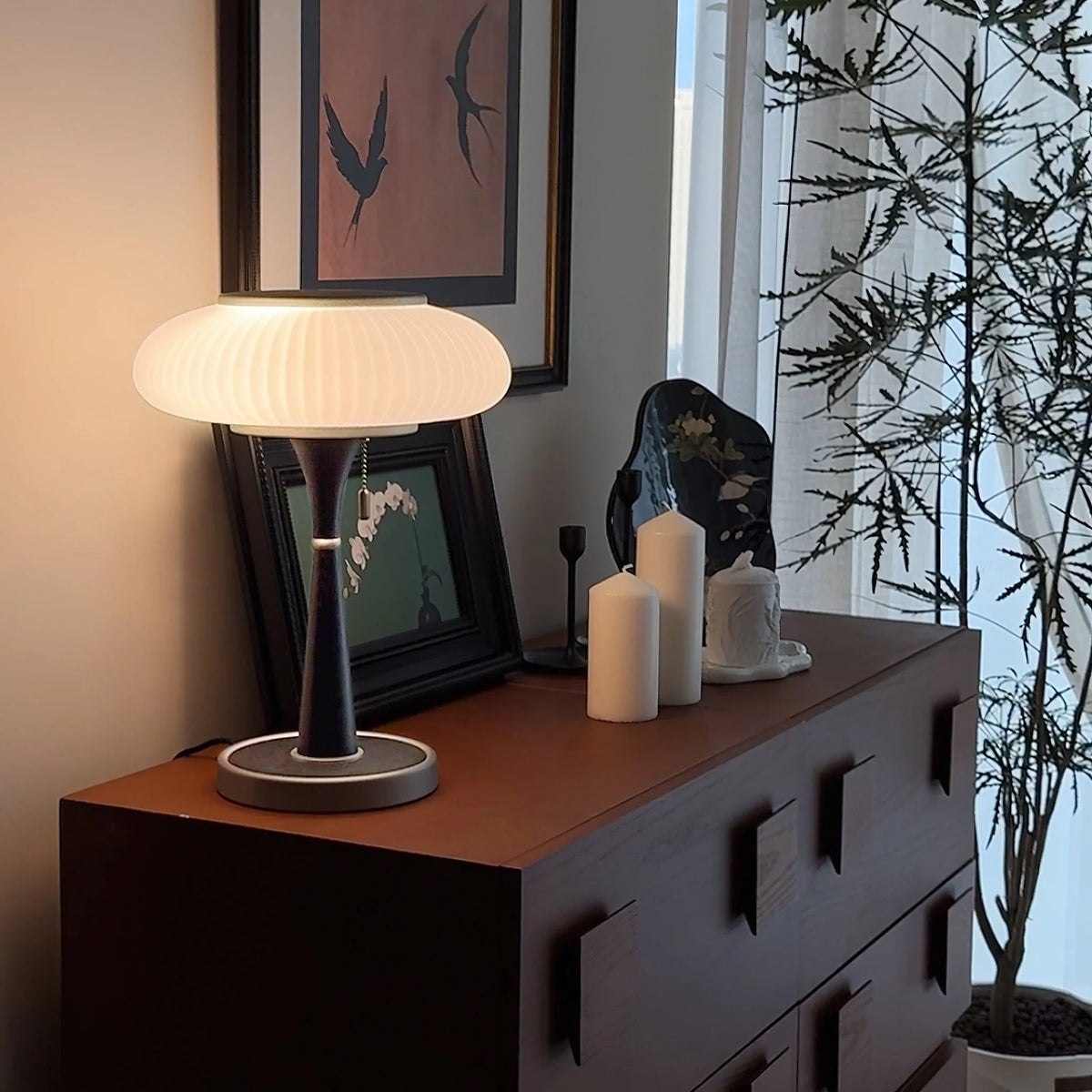 Table Lamp Mushroom Glass Shade Wood & Metal Base