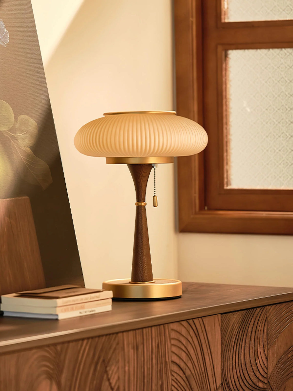 Table Lamp Mushroom Glass Shade Wood & Metal Base