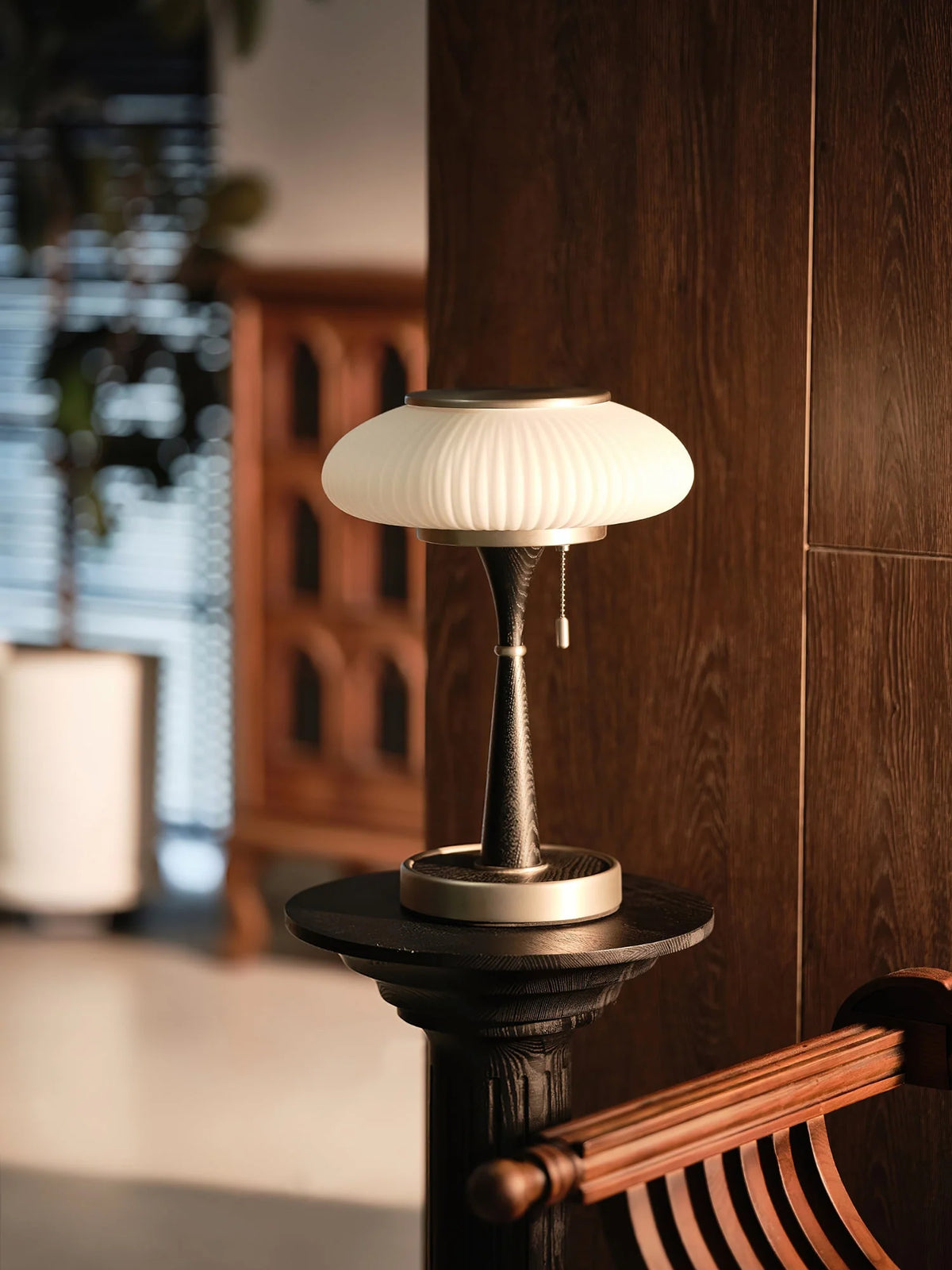 Table Lamp Mushroom Glass Shade Wood & Metal Base