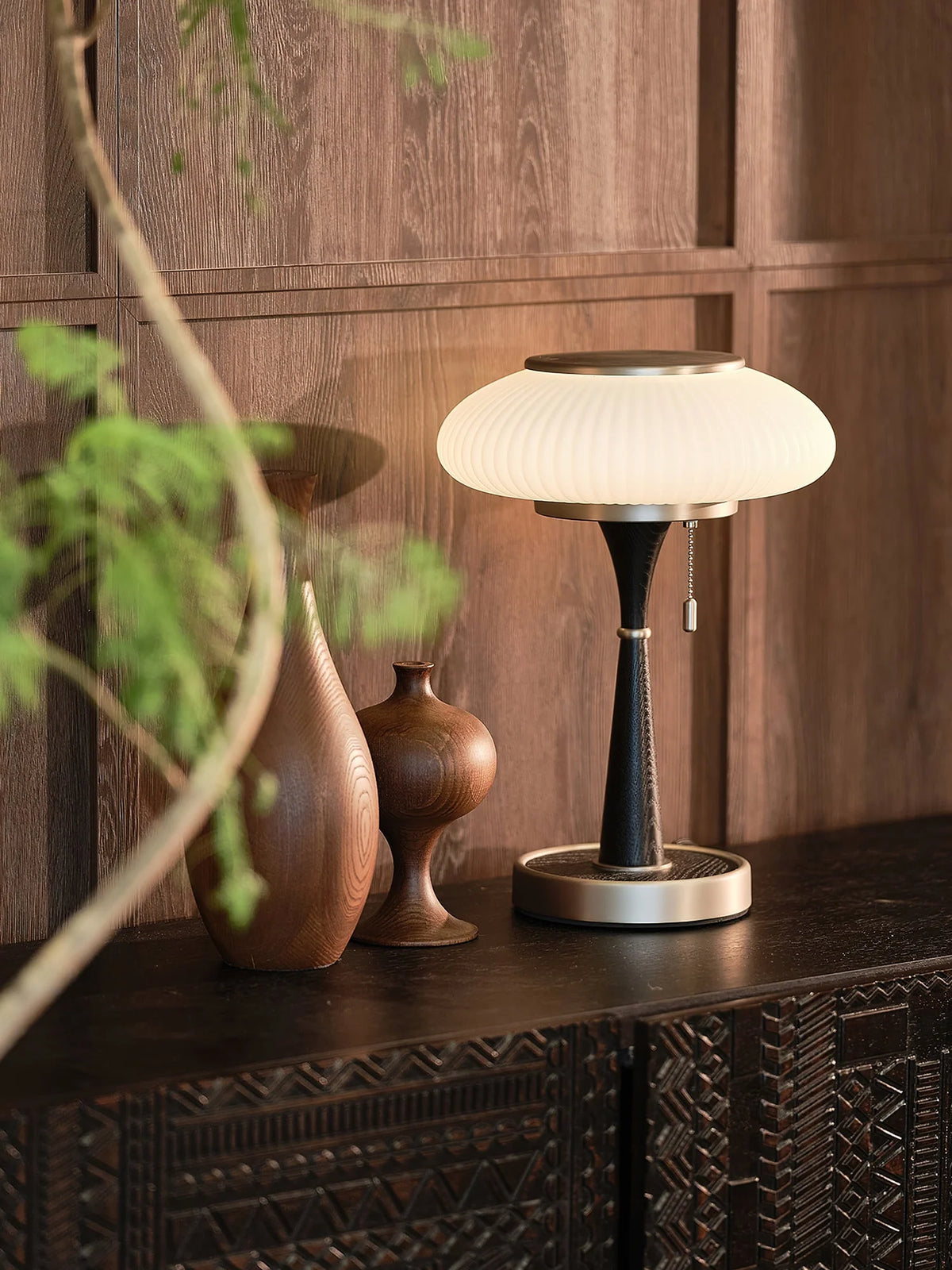 Table Lamp Mushroom Glass Shade Wood & Metal Base