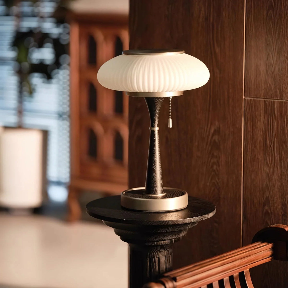 Table Lamp Mushroom Glass Shade Wood & Metal Base