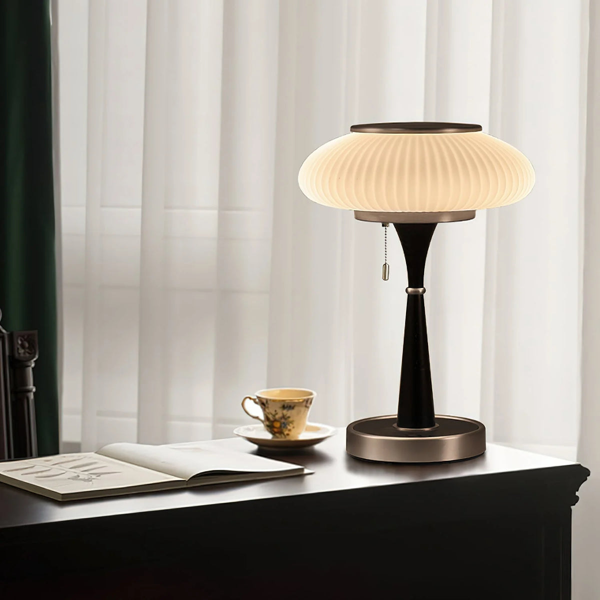 Table Lamp Mushroom Glass Shade Wood & Metal Base