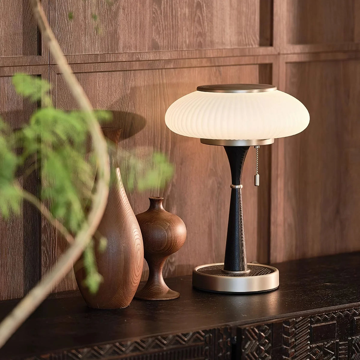 Table Lamp Mushroom Glass Shade Wood & Metal Base