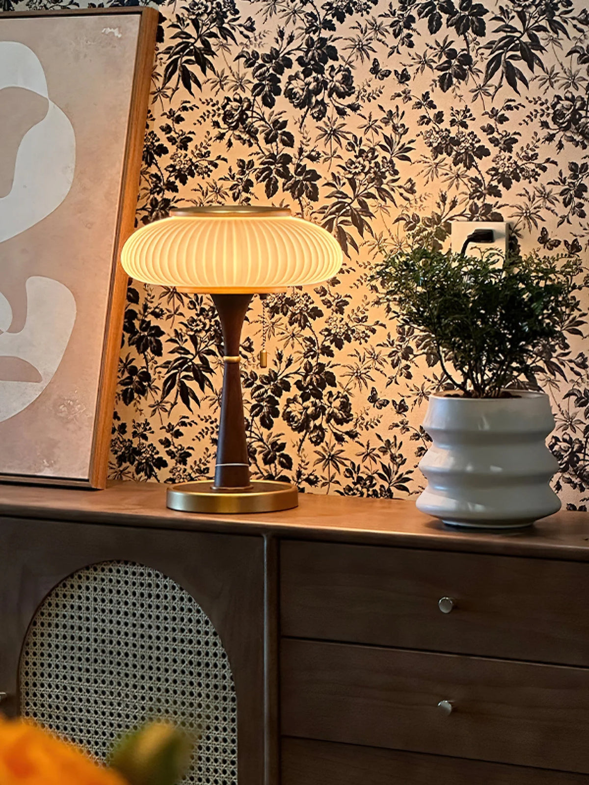 Table Lamp Mushroom Glass Shade Wood & Metal Base