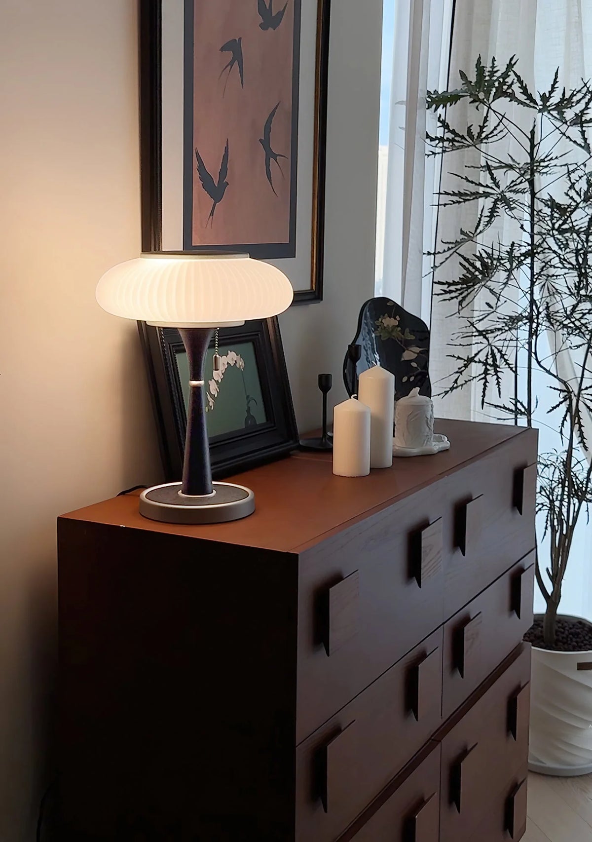 Table Lamp Mushroom Glass Shade Wood & Metal Base