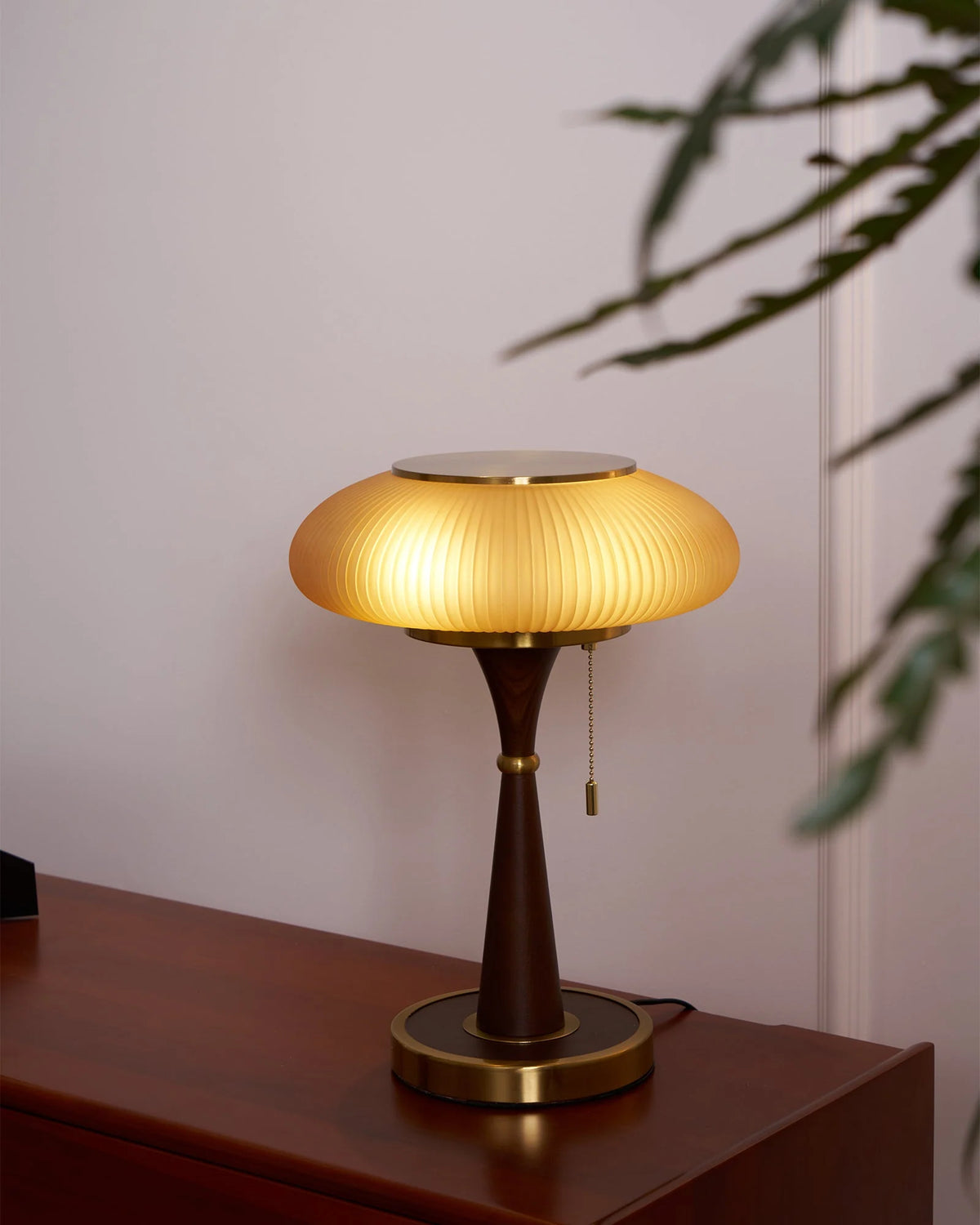 Table Lamp Mushroom Glass Shade Wood & Metal Base