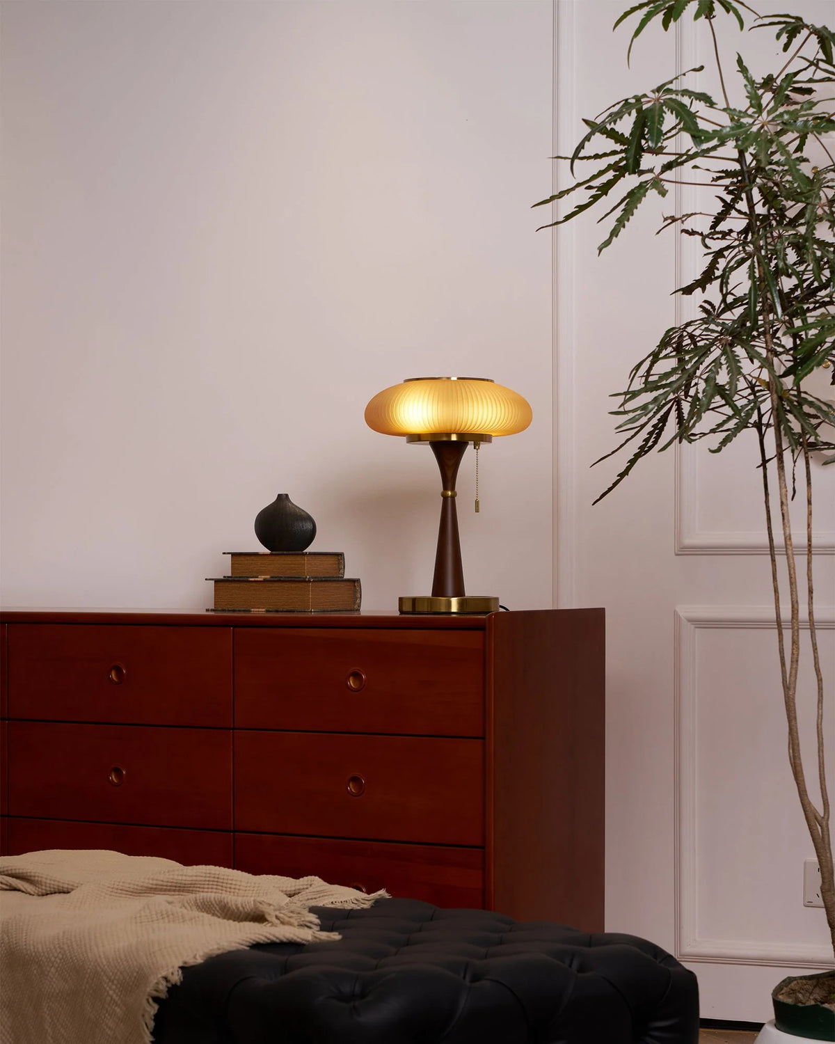 Table Lamp Mushroom Glass Shade Wood & Metal Base