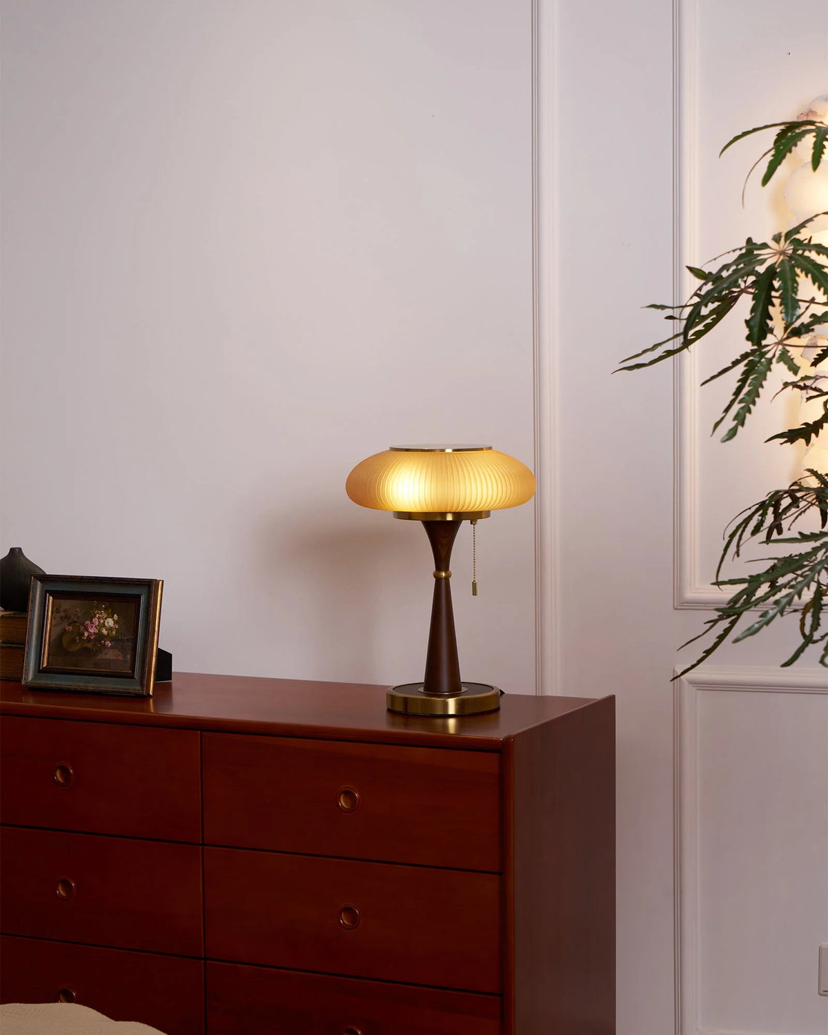 Table Lamp Mushroom Glass Shade Wood & Metal Base