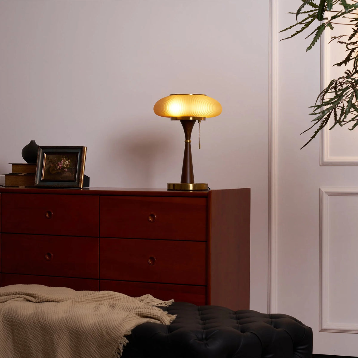 Table Lamp Mushroom Glass Shade Wood & Metal Base