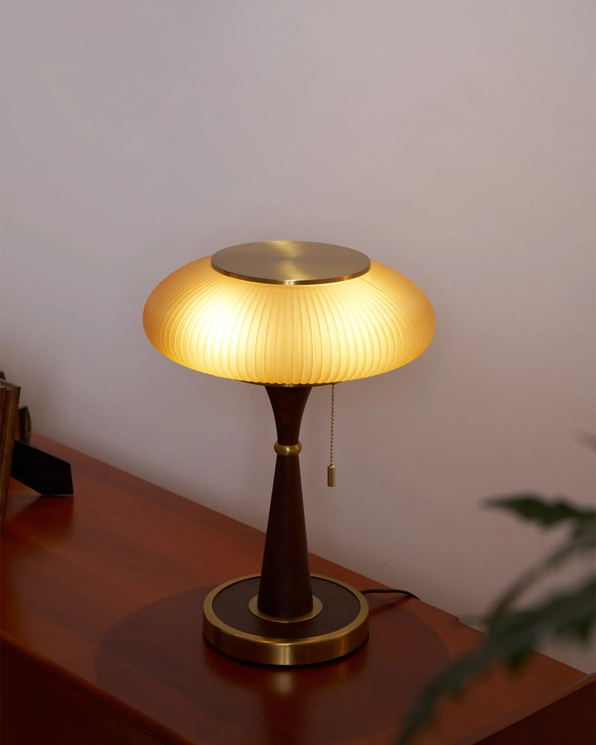 Table Lamp Mushroom Glass Shade Wood & Metal Base
