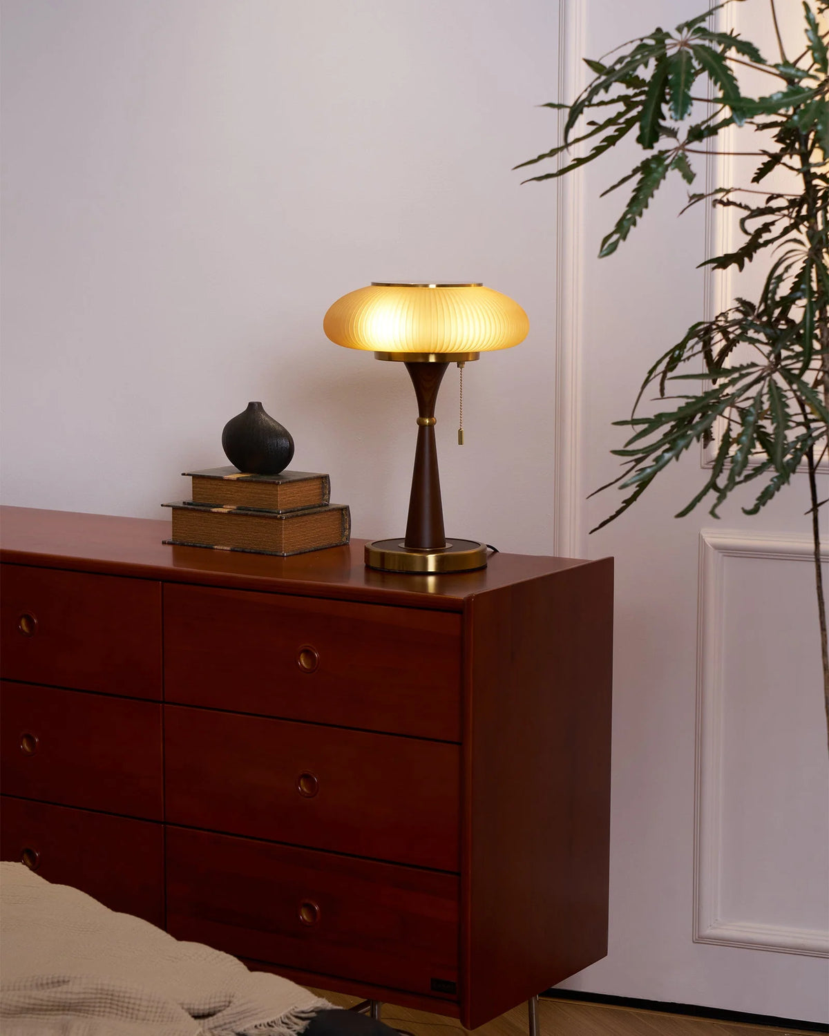 Table Lamp Mushroom Glass Shade Wood & Metal Base