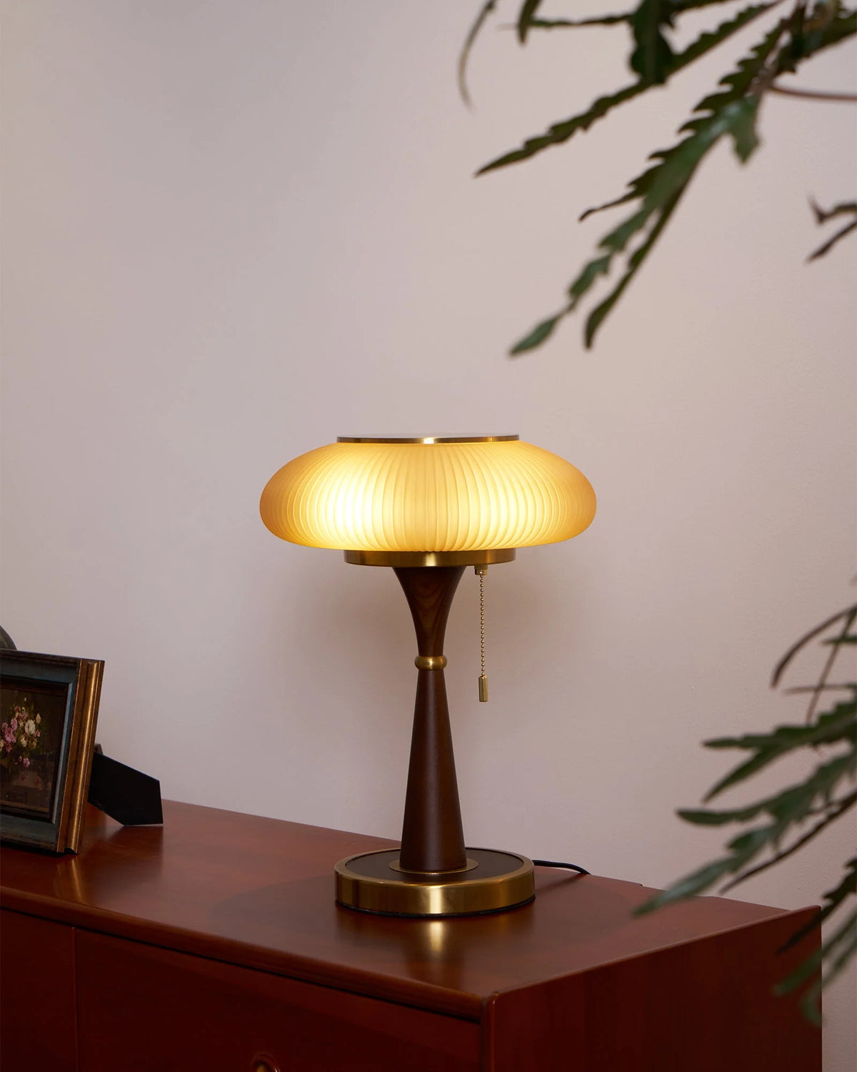 Table Lamp Mushroom Glass Shade Wood & Metal Base