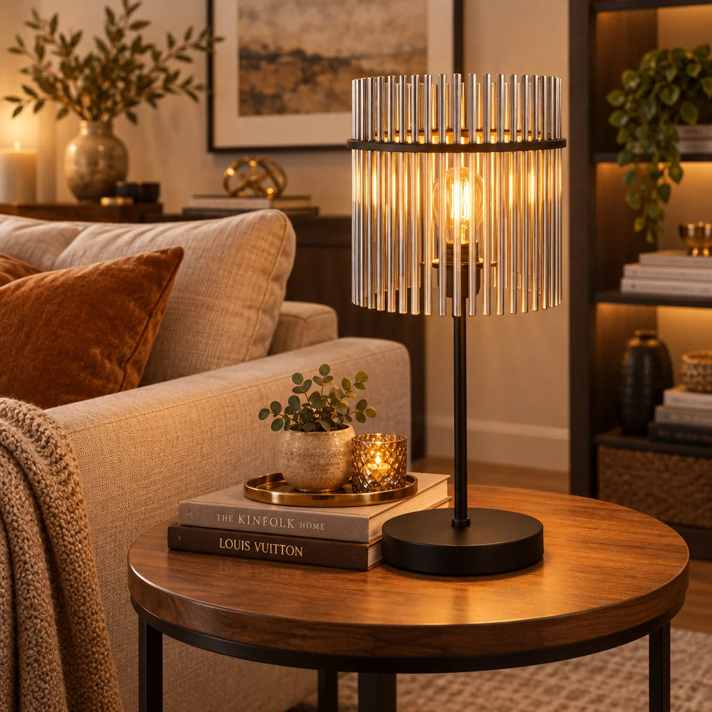 Table Lamp Smoked Glass Shade Matte Black Metal