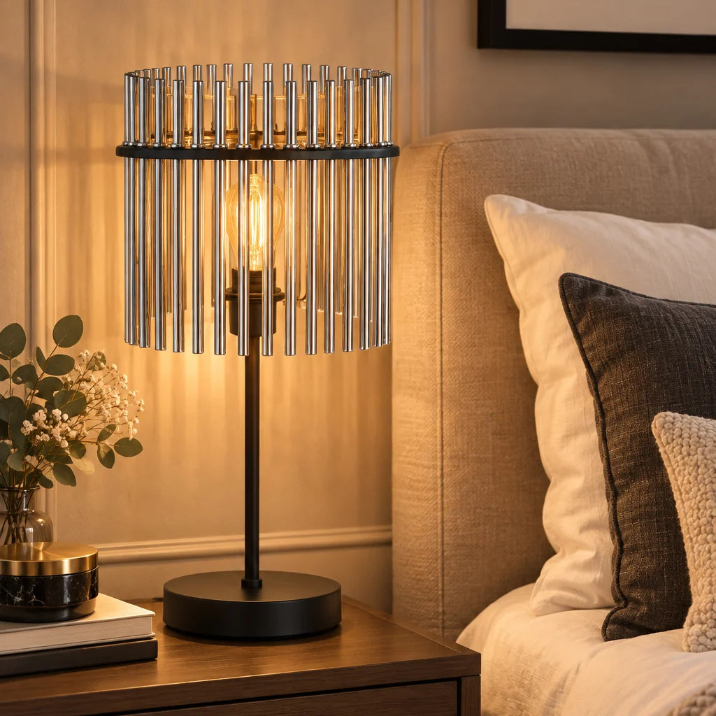 Table Lamp Smoked Glass Shade Matte Black Metal