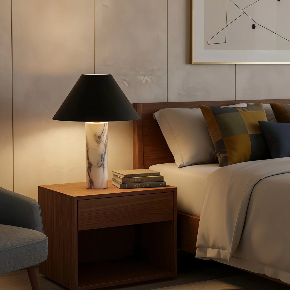 Table Lamp Solid Marble Base Black Fabric Shade