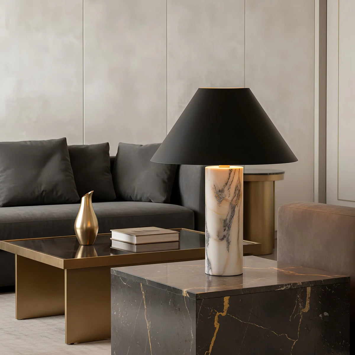 Table Lamp Solid Marble Base Black Fabric Shade