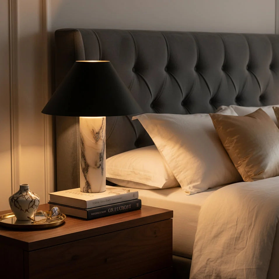 Table Lamp Solid Marble Base Black Fabric Shade