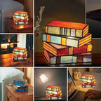 Table Lamp Stained Glass Stacked Books Warm Ambient Glow