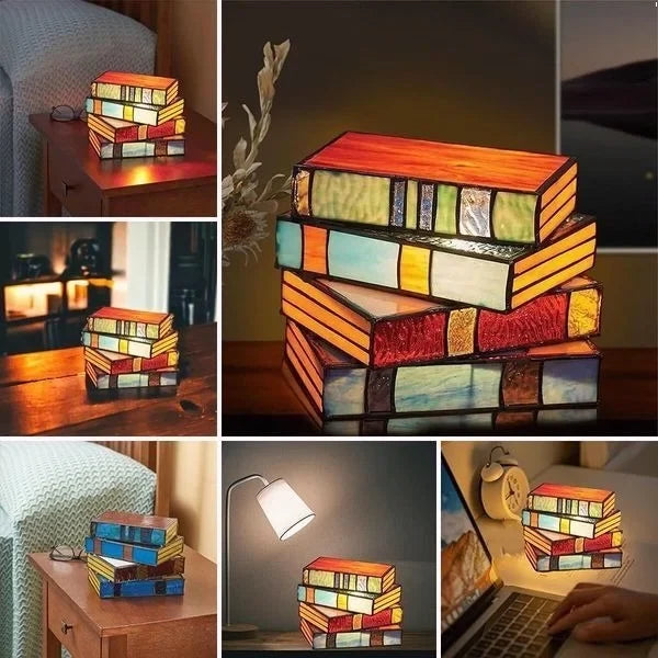 Table Lamp Stained Glass Stacked Books Warm Ambient Glow