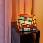 Table Lamp Stained Glass Stacked Books Warm Ambient Glow