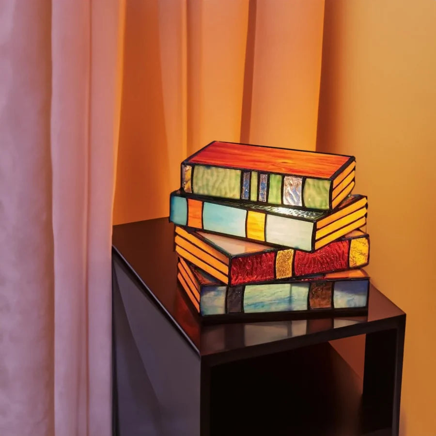 Table Lamp Stained Glass Stacked Books Warm Ambient Glow