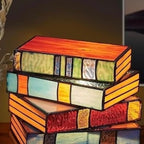 Table Lamp Stained Glass Stacked Books Warm Ambient Glow