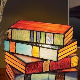Table Lamp Stained Glass Stacked Books Warm Ambient Glow