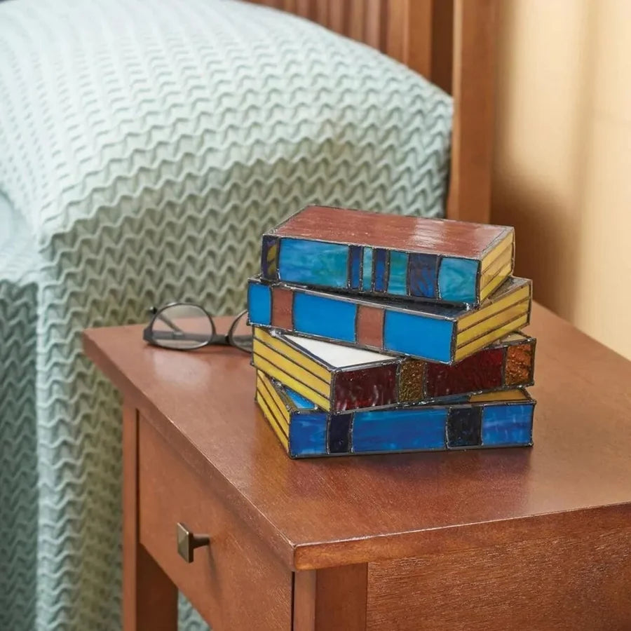 Table Lamp Stained Glass Stacked Books Warm Ambient Glow