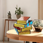 Table Lamp Stained Glass Stacked Books Warm Ambient Glow