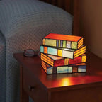 Table Lamp Stained Glass Stacked Books Warm Ambient Glow