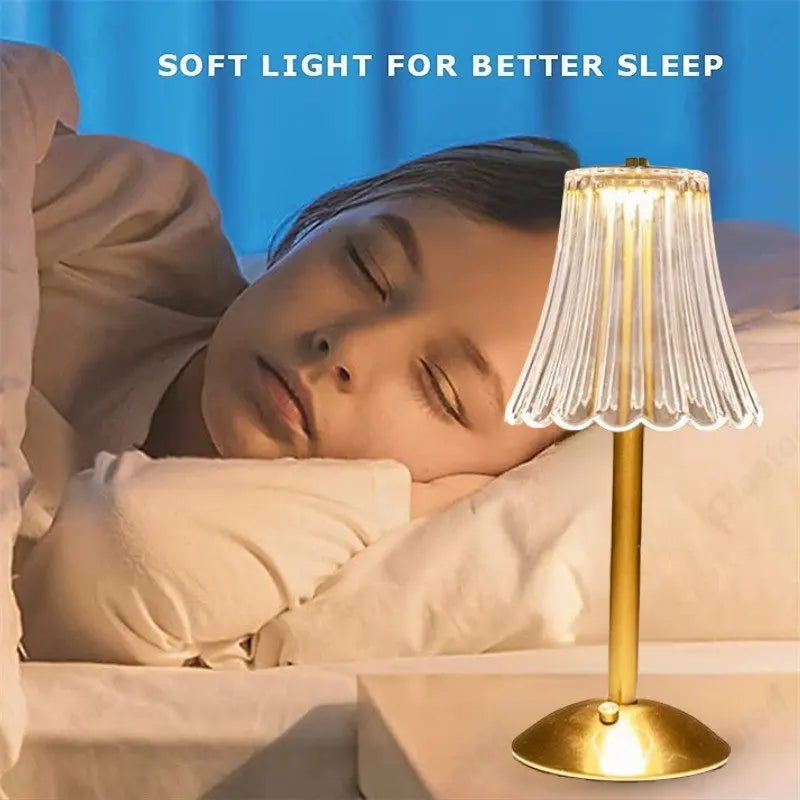 Table Lamp Wireless Crystal Shade 3-Way Dimming USB Rechargeable