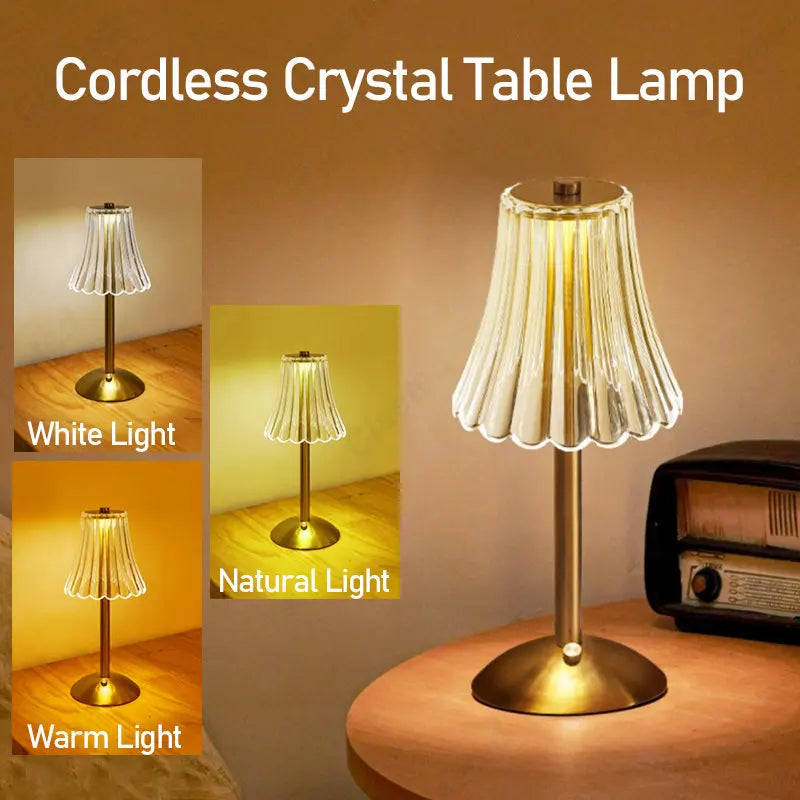 Table Lamp Wireless Crystal Shade 3-Way Dimming USB Rechargeable