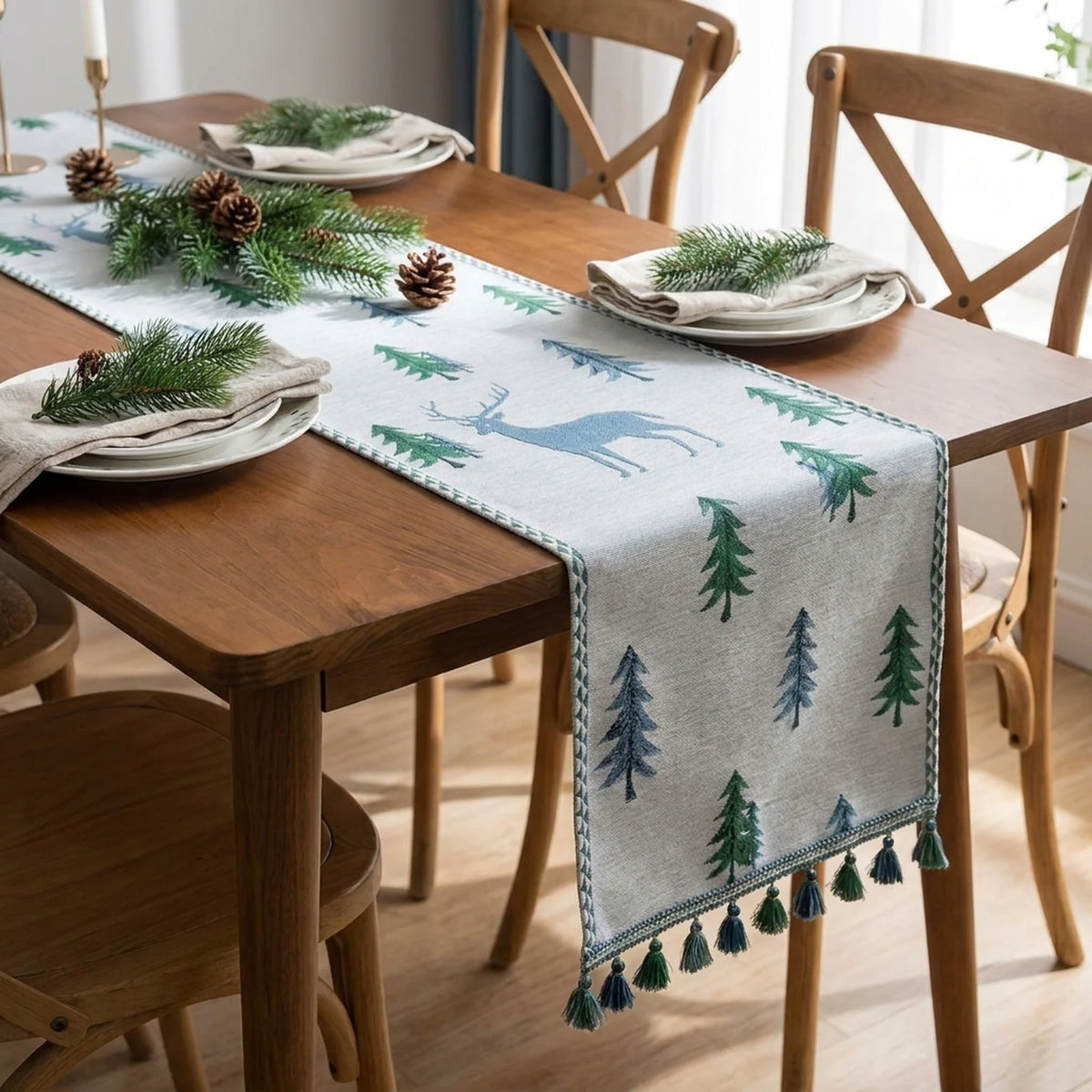 Table Runner Christmas Tree Motif Tassel Trim
