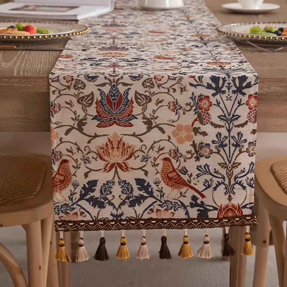 Table Runner Jacquard Bird & Floral Microfiber Tassels