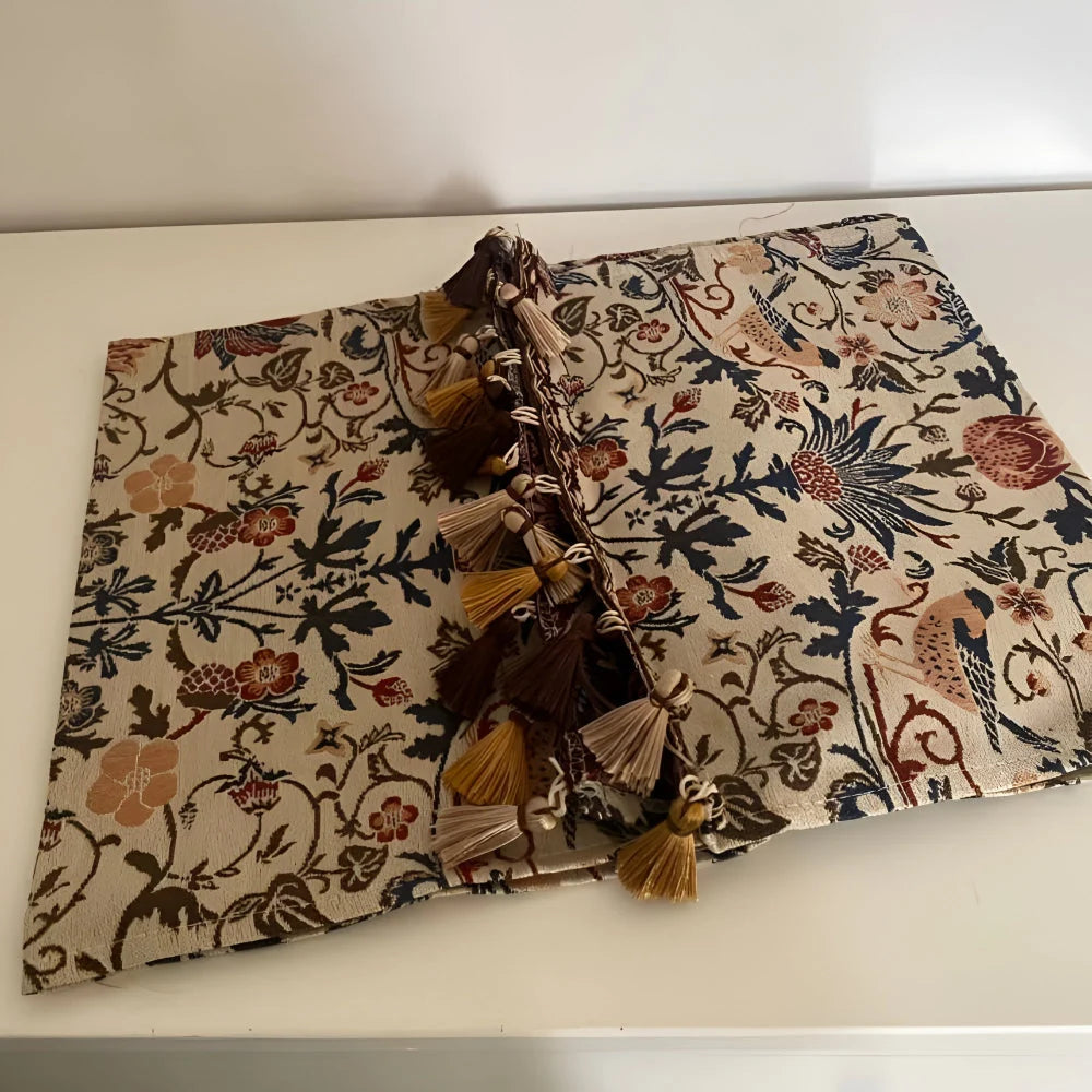 Table Runner Jacquard Bird & Floral Microfiber Tassels