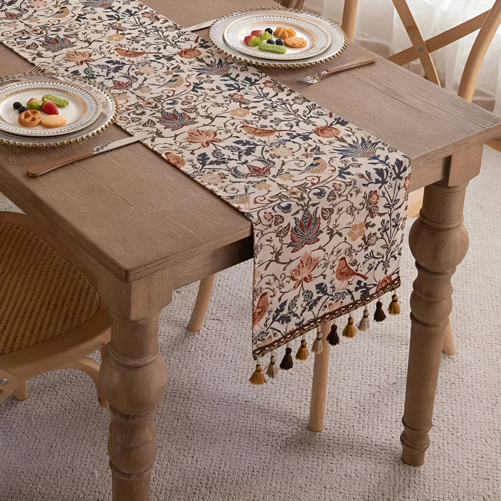 Table Runner Jacquard Bird & Floral Microfiber Tassels