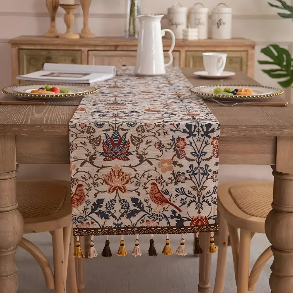 Table Runner Jacquard Bird & Floral Microfiber Tassels