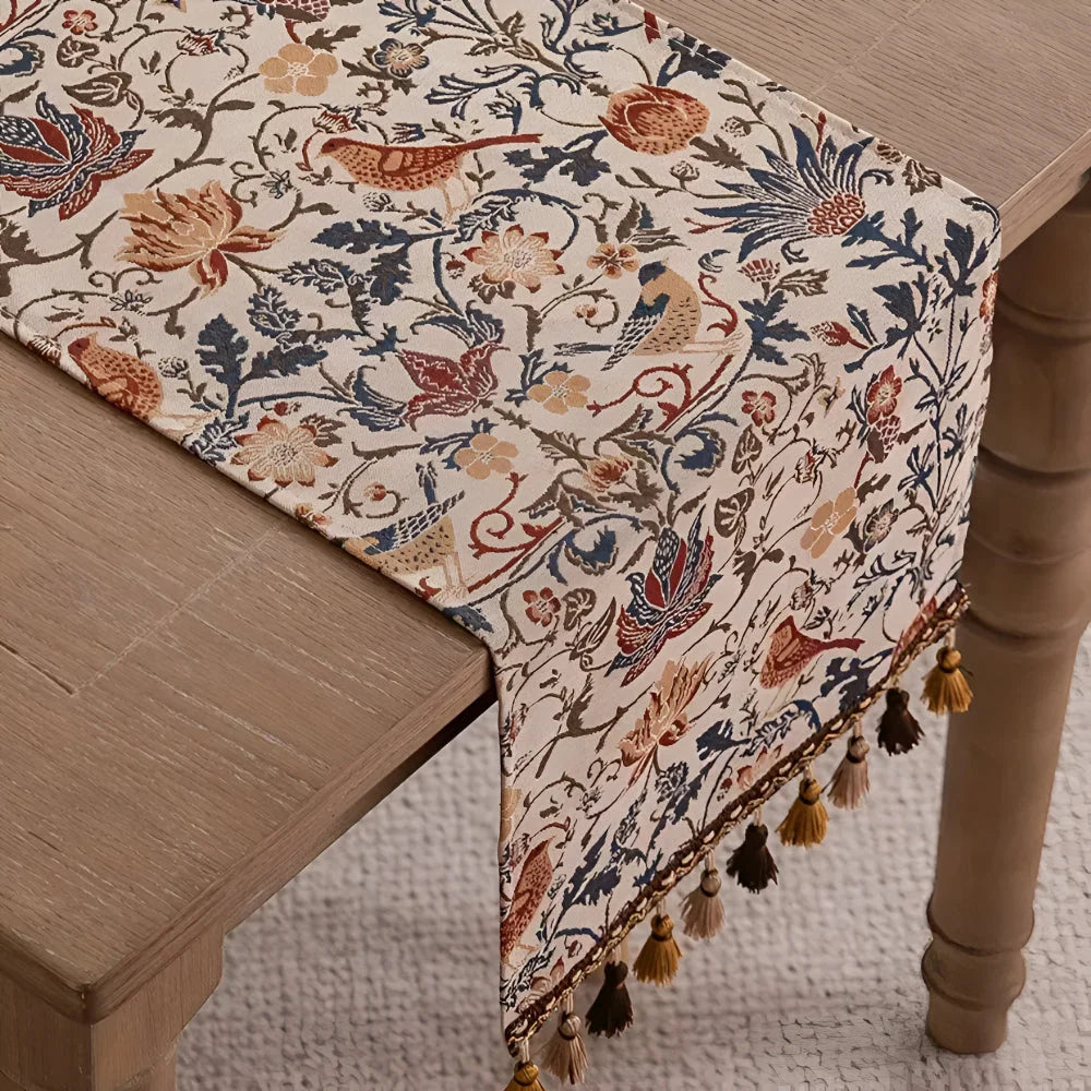 Table Runner Jacquard Bird & Floral Microfiber Tassels