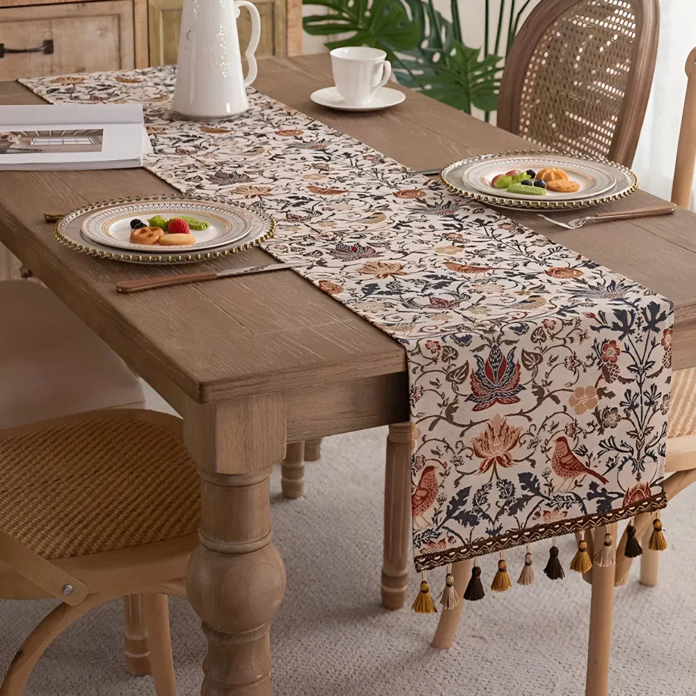 Table Runner Jacquard Bird & Floral Microfiber Tassels
