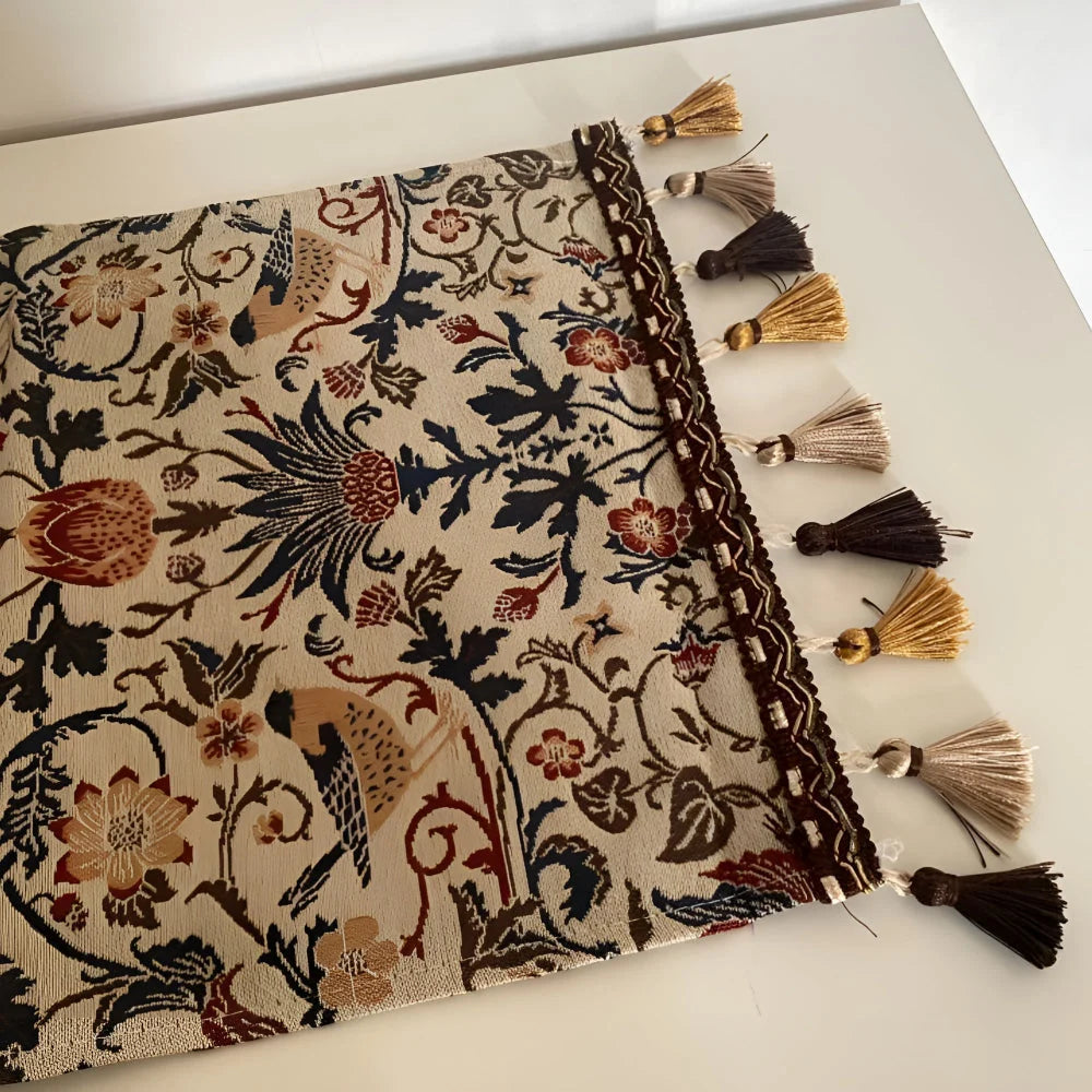 Table Runner Jacquard Bird & Floral Microfiber Tassels