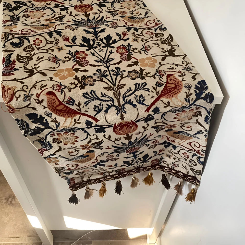 Table Runner Jacquard Bird & Floral Microfiber Tassels