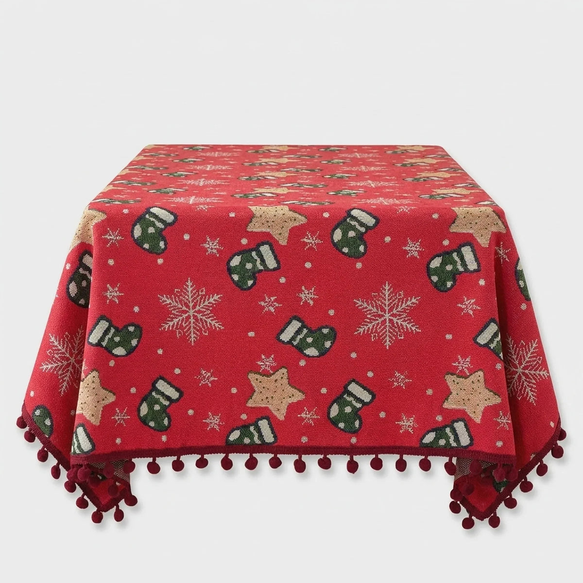 Tablecloth Festive Snowflake & Stocking Pompom Fringe